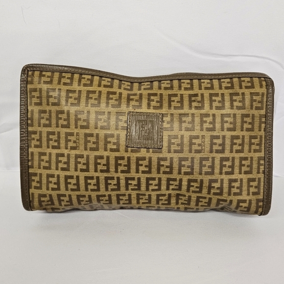 Fendi Zucca Monogram Canvas And Leather Zippered Cluch Bag In Camel And Brown - Picture 1 of 15